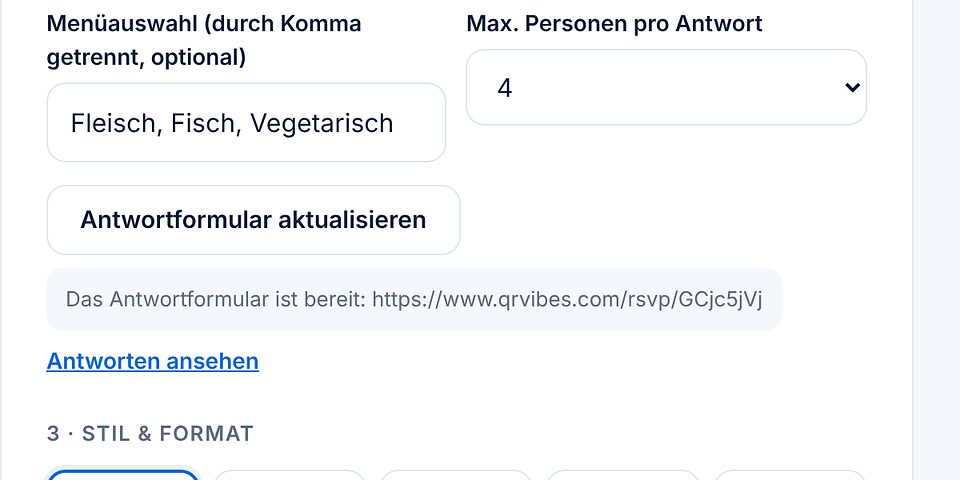Bereich Der QR-Code führt zu mit gewähltem qrvibes-Antwortformular, Menüauswahl, maximaler Personenzahl, Knopf Antwortformular aktualisieren und Link Antworten ansehen.