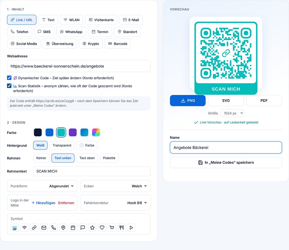 Erstellen mit angekreuzten Optionen Dynamischer Code und Scan-Statistik; ein Hinweis zeigt die Kurzadresse, die im Code steckt.