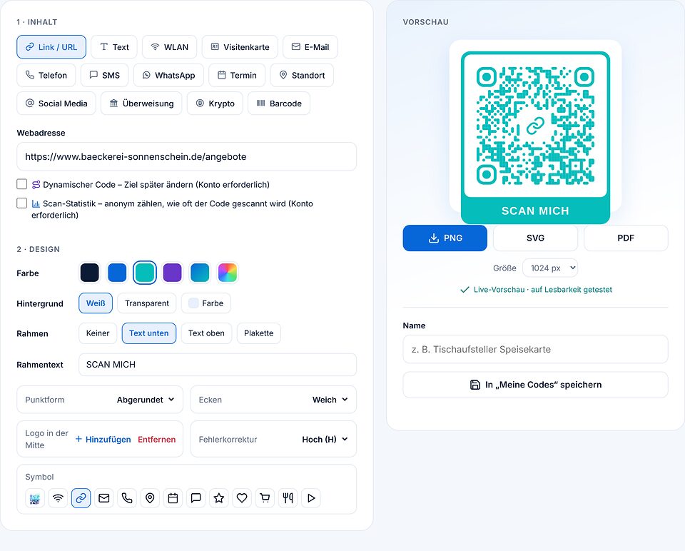 Seite Erstellen: Webadresse eingegeben, Farbe Türkis, Rahmen „Text unten“ mit SCAN MICH und Link-Symbol in der Mitte, rechts die Vorschau mit Download-Knöpfen PNG, SVG und PDF.