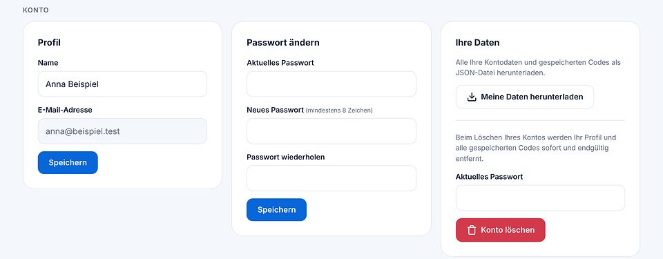 Kontobereich mit Profil, Passwort ändern und Ihre Daten mit Meine Daten herunterladen und Konto löschen.