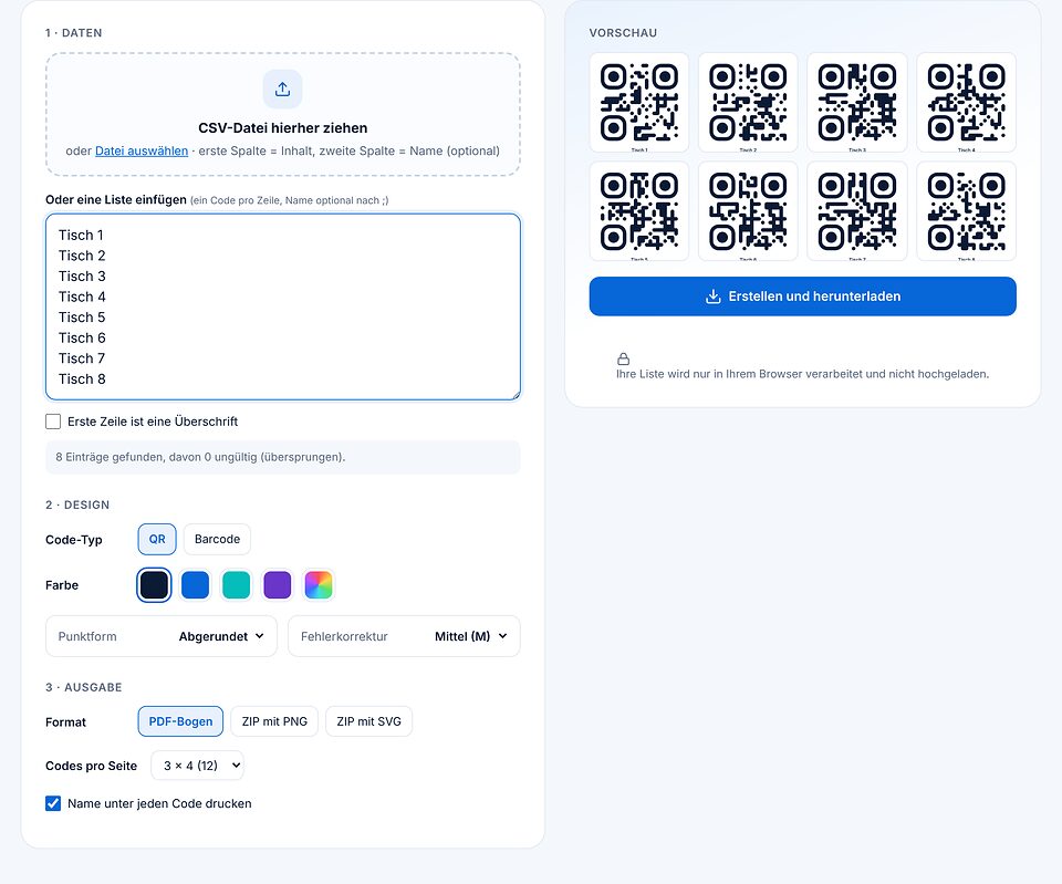 Massen-QR: Liste mit Tisch 1 bis Tisch 8, Design-Einstellungen, Ausgabe PDF-Bogen mit 12 Codes pro Seite und Vorschau der acht Codes mit Namen.