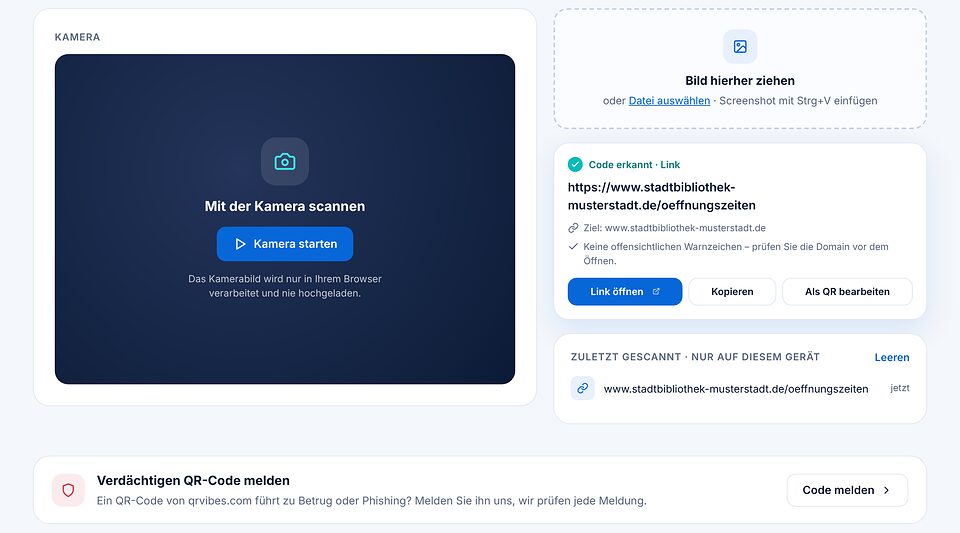Scan-Ergebnis: Code erkannt, Link zur Stadtbibliothek mit Ziel-Domain, Hinweis zu Warnzeichen und Knöpfen Link öffnen, Kopieren, Als QR bearbeiten; daneben der Verlauf, darunter die Box Verdächtigen QR-Code melden.