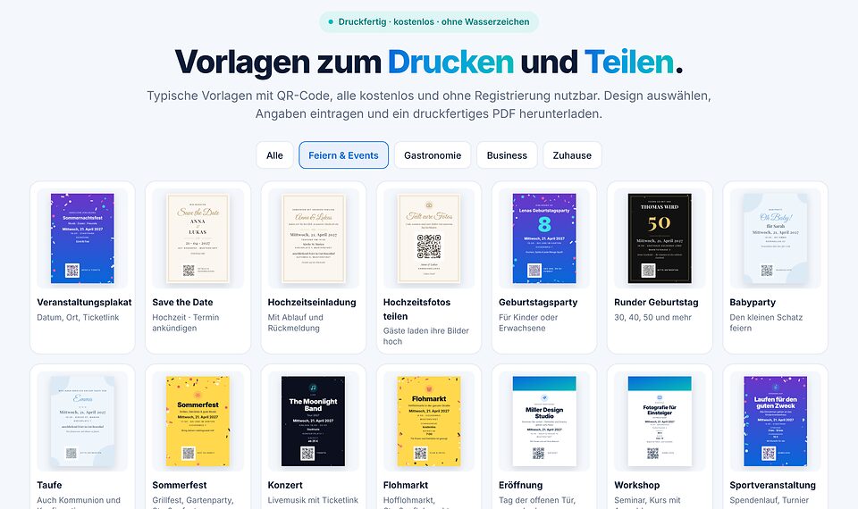 Vorlagen-Galerie mit Filter Feiern und Events: Veranstaltungsplakat, Save the Date, Hochzeitseinladung, Geburtstagsparty, Taufe, Sommerfest und weitere.